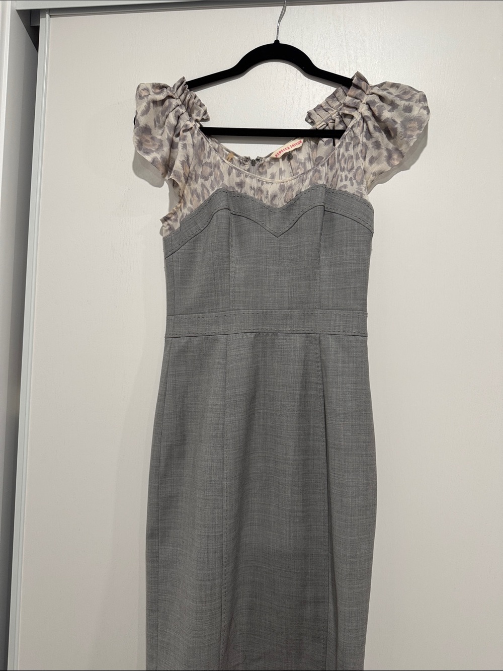 Rebecca Taylor Grey Midi Dress with Animal-Print Yoke and Puff Sleeves